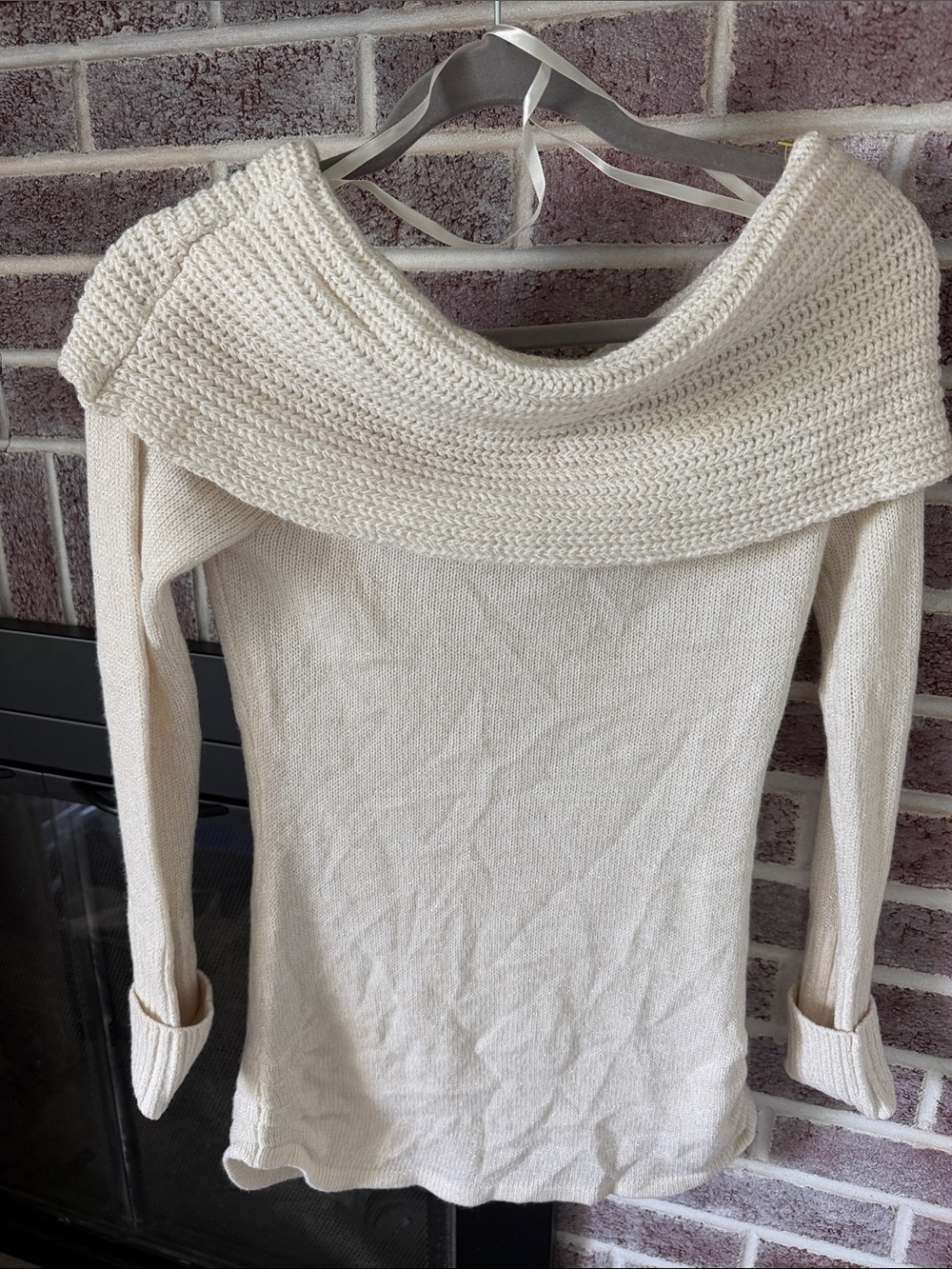 bebe Cream Off-Shoulder Knit Top with Wide Foldover Collar